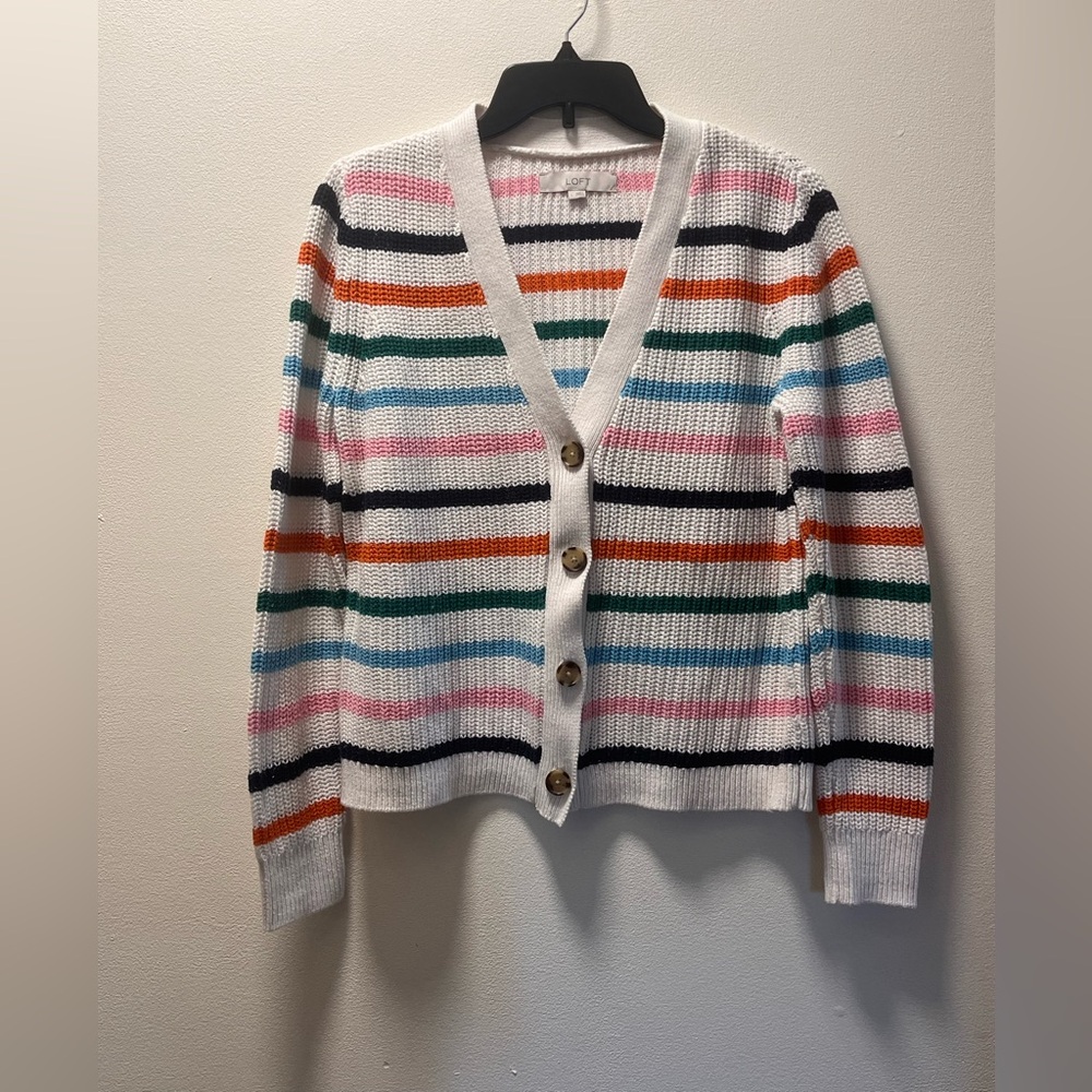 Loft Knit Versatile Striped Preppy Cardigan, Sz L, W, white/Multicolored Stripes
